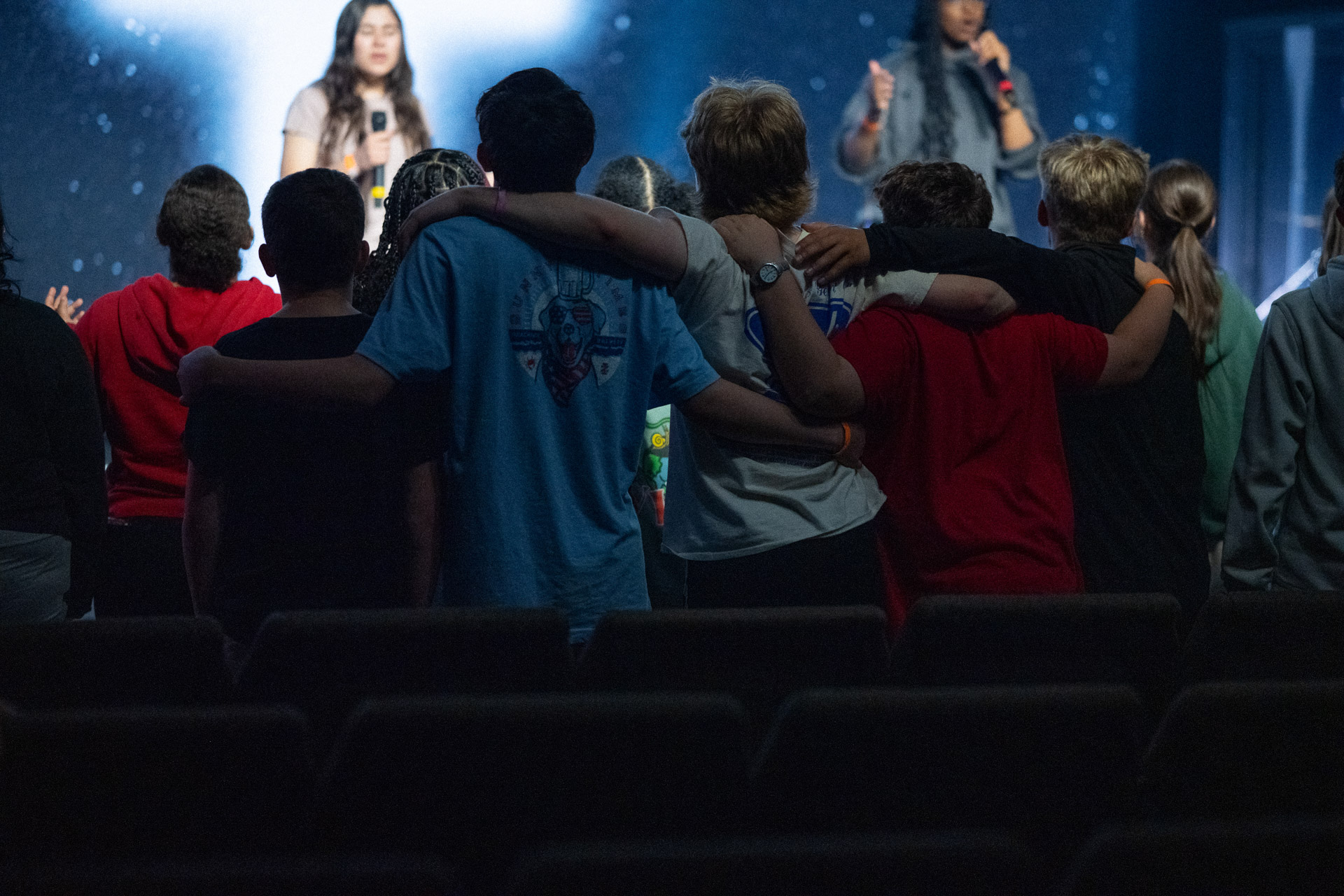 Group photo of students coming from camp in matching tshirtsat Church of the Valley in Chicopee, Pioneer Valley MA